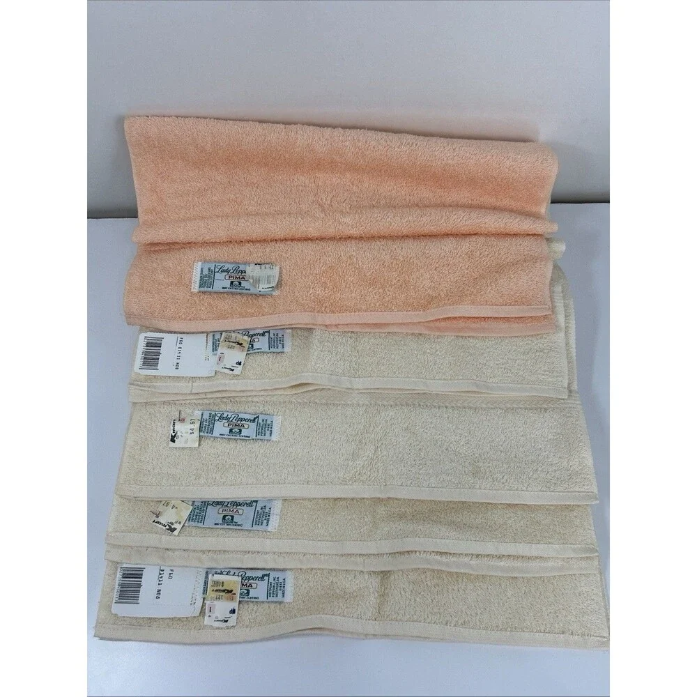 80’s Lady Pepperell Pima Cotton Bath Hand Towel Set Of 6 Peach Yellow Vtg NOS